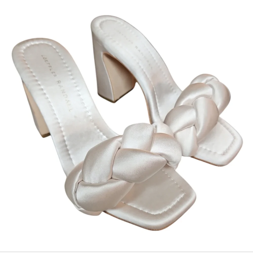 LOEFFLER RANDALL | Cream Satin Braided Strap Block Heel Sandals 6